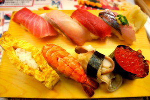 Nigiri Sushi plate outside of Tsukiji Fish Market