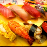 Nigiri Sushi plate outside of Tsukiji Fish Market