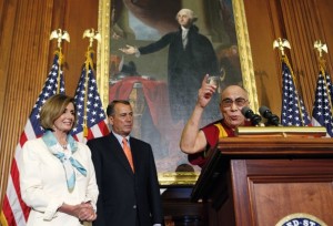 US Congressional leaders Nancy Pelosi and John Boehner welcome the Dalai Lama at the US Capitol, July 7, 2011.