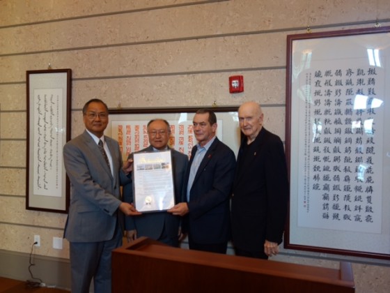 Philip Wang-Director General at Taipei Economic & Cultural Office in Miami; David Muh, Ph.D.- President of CASPAF; Rene Diaz-Director, Office of Community Advocacy, Miami-Dade County; and George Corrigan-Coral Gables Former Mayor